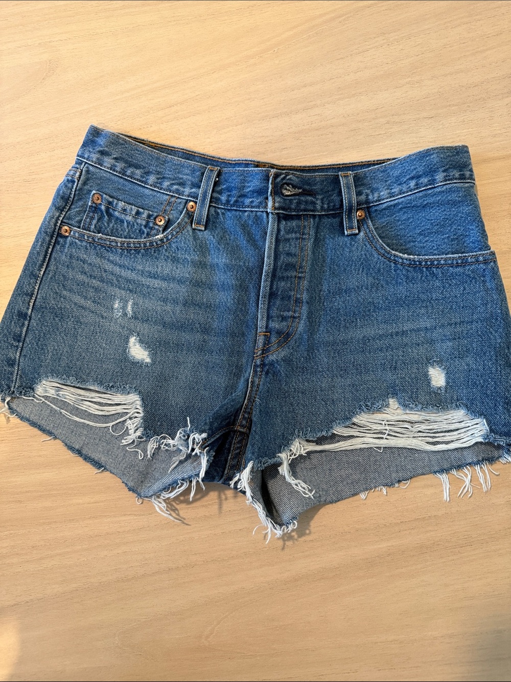 Levi’s 501 Original Distressed Denim Shorts Raw Hem Blue Size 27